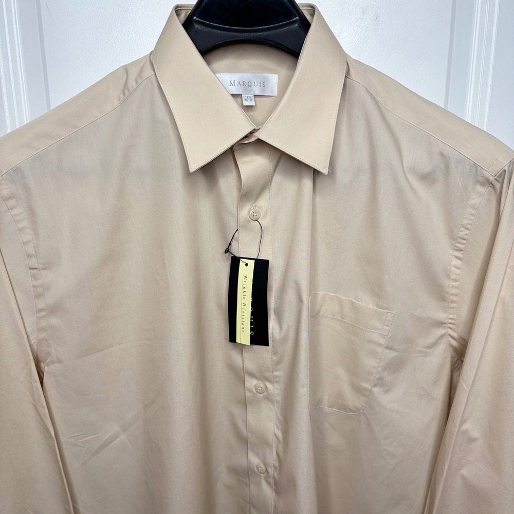 Marquis Mens Dress Shirt Tan Beige Wrinkle Resistant 17.5 36-37 Long Sleeve NEW